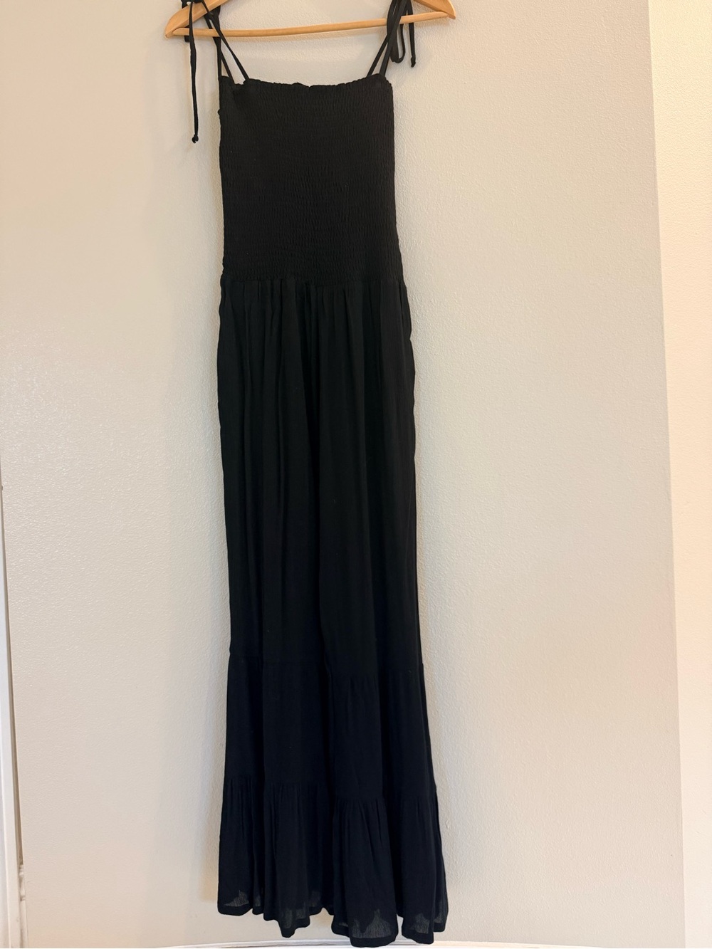 Black Smocked Maxi jumpsuit with Tie Straps